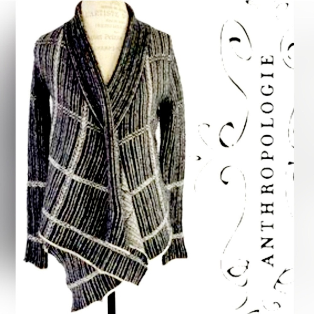 Anthropologie Sparrow 100% Lamb Wool Cardigan Open Front Black & White Medium